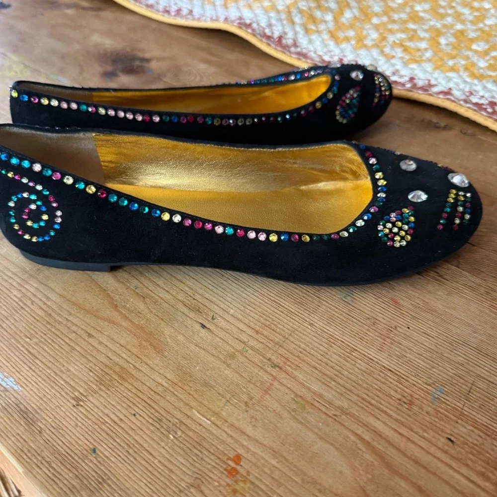 Marc‎ by Marc Jacobs Black Suede Rhinestone Cat Face Ballet Flats Size 37.5